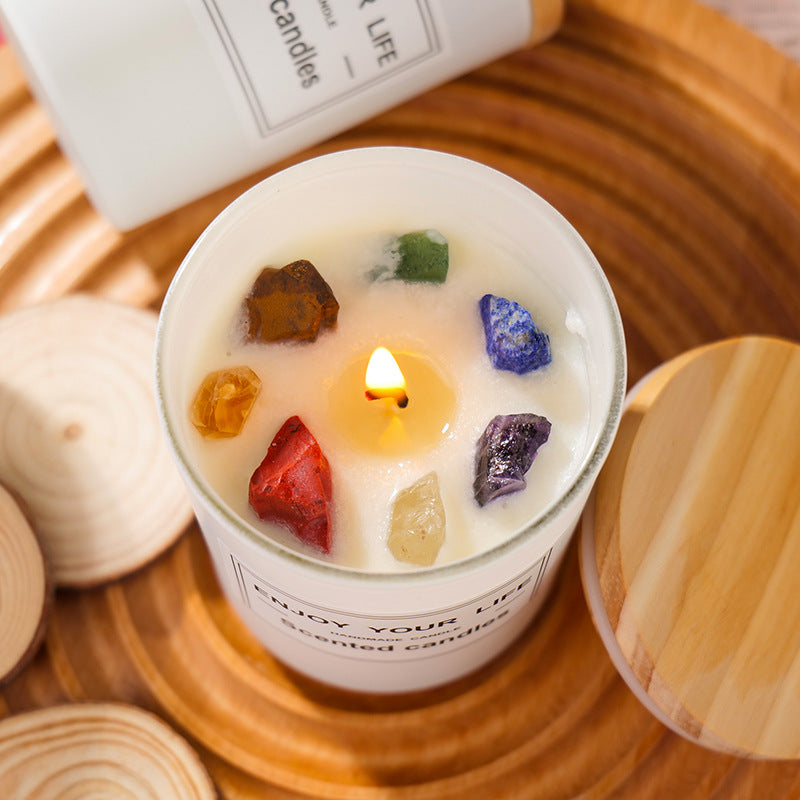 Bougie d'aromathérapie ERMITUS en cire de soja avec 7 cristaux naturels bruts, fabrication artisanale, coffret cadeau