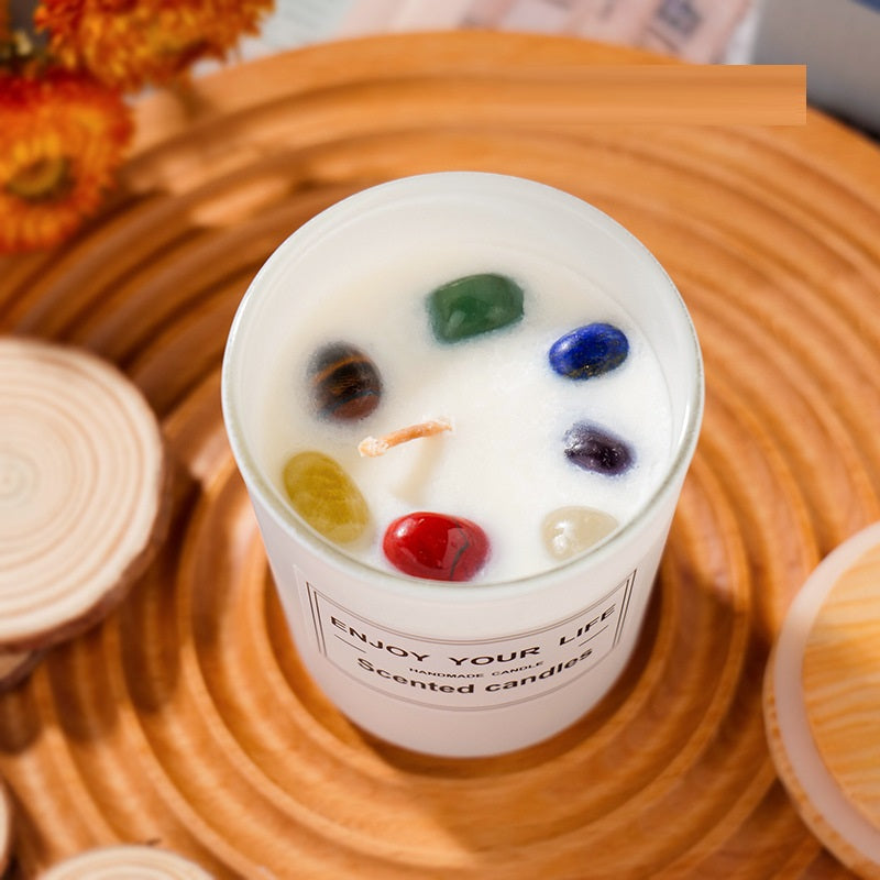 Bougie d'aromathérapie ERMITUS en cire de soja avec 7 cristaux naturels polis, fabrication artisanale, coffret cadeau