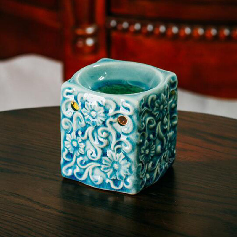 Brûleur d’arômes ERMITUS bleu en céramique craquelée, une touche décorative élégante