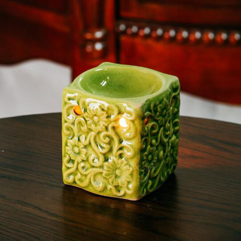 Brûleur d’arômes ERMITUS vert en céramique craquelée, idéal pour un rituel parfumé